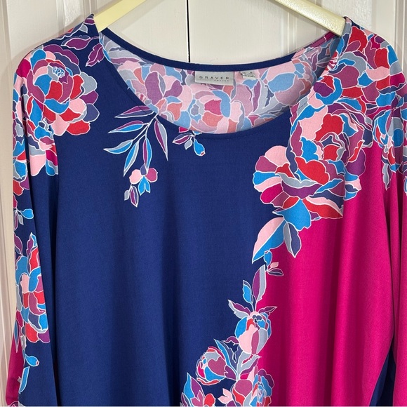 Susan Graver Fuchsia Blue Floral Liquid Knit Stretch Tunic Ruched L/S Sz 1X Top - Picture 2 of 9